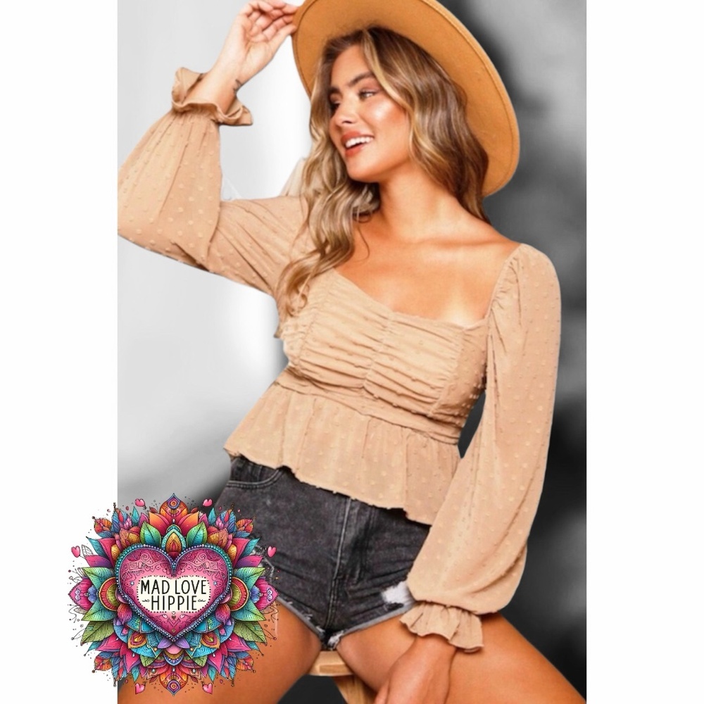 Peach Love Taupe Swiss Dot Ruched Bust Ruffle Hem Long Sleeve Smocked Blouse - Picture 3 of 7